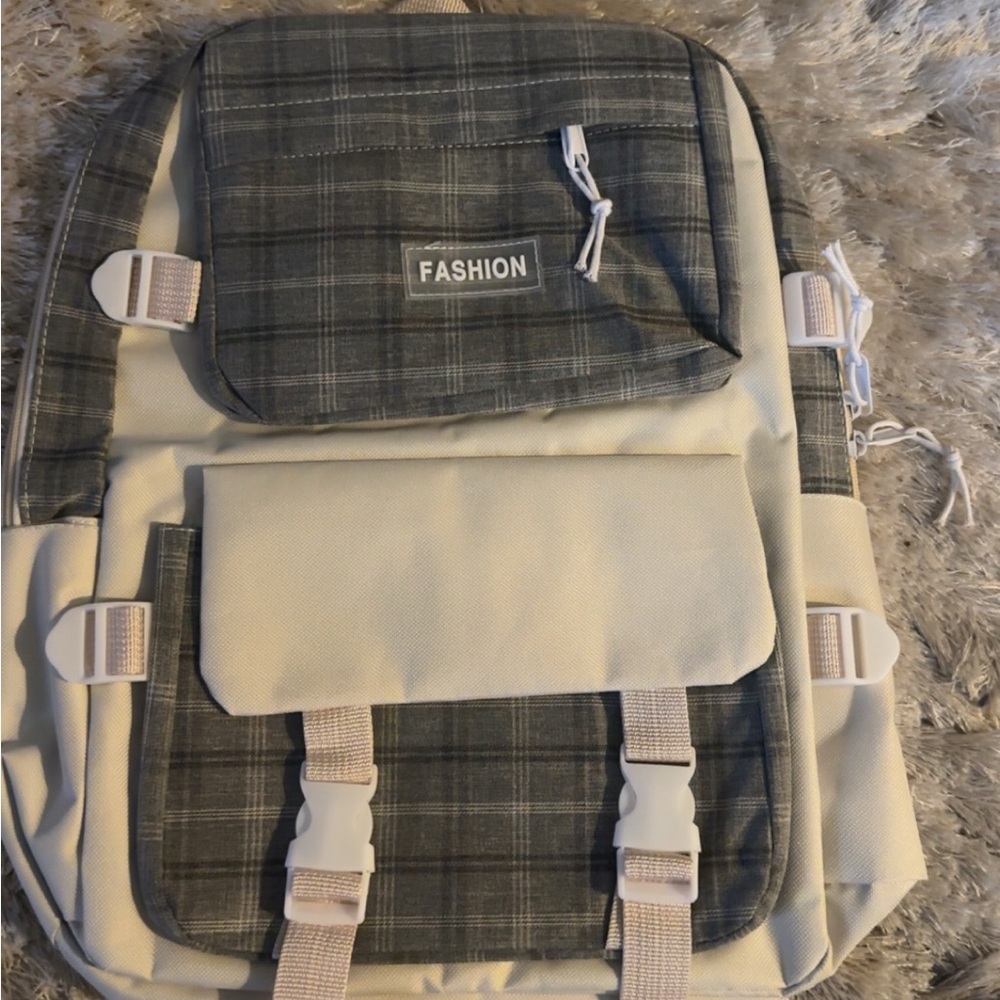 Canvas Tote & Backpack Set in Beige, Gray, & Black plaid